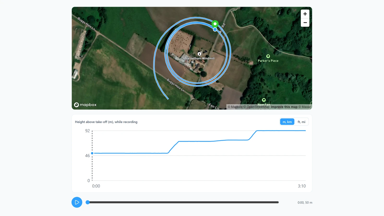 A Terasor Flight Log screen: a satellite map with a blue route circling Thelnetham Windmill, and below it a graph of height above take-off rising from 50 to 92 metres over three minutes, with a play button and slider