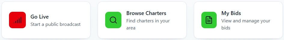 The Quick Actions row of the Terasor pilot dashboard, showing three tiles side by side: Go Live, labelled Start a public broadcast, then Browse Charters and My Bids.